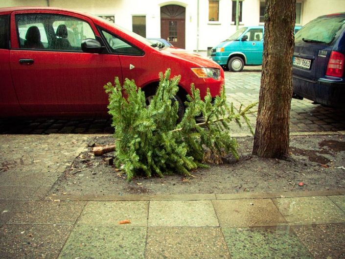 Árbol de Navidad tirado en el suelo