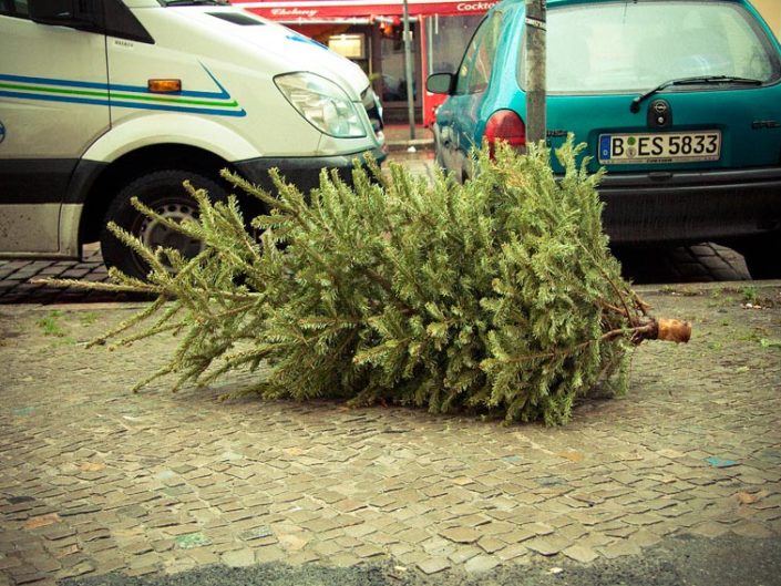 Árbol de Navidad tirado en el suelo