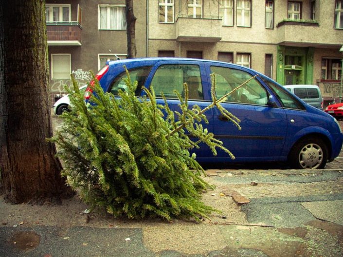 Árbol de Navidad tirado en el suelo