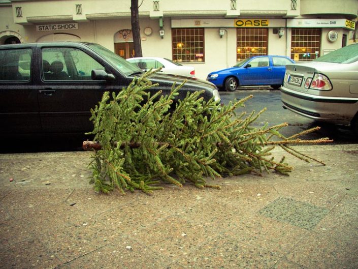 Árbol de Navidad tirado en el suelo