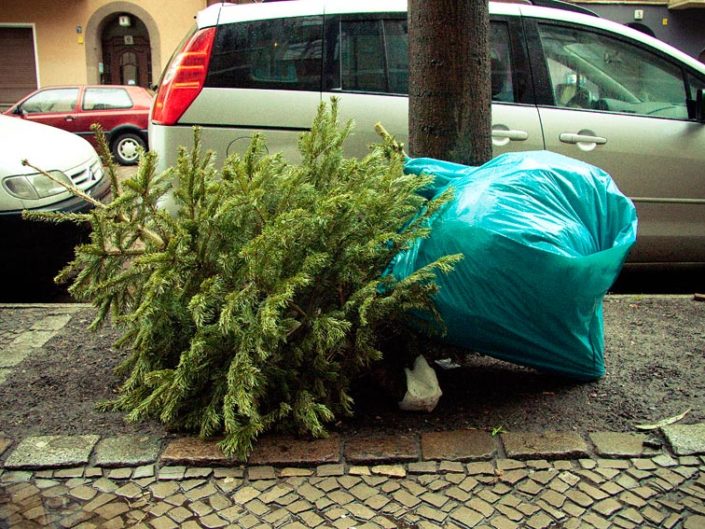 Árbol de Navidad tirado en el suelo